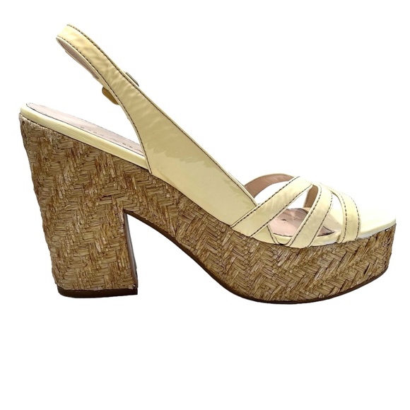 PRADA CREAM PATENT LEATHER WEDGE WOVEN RAFFIA PLATFORM SANDAL - Picture 12 of 16